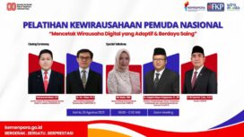 Para narasumber Pelatihan Kewirausahaan Pemuda Nasional 2025 yang digelar Forum Kewirausahaan Pemuda (FKP) bersama Kemenpora RI. Hadir antara lain Deputi Bidang Kewirausahaan Kementerian UMKM RI Siti Azizah, MBA, anggota Komisi X DPR RI H. Ali Zamroni, S.Sos., M.AP, serta pejabat dari Kemenpora RI dan Kemenparekraf.