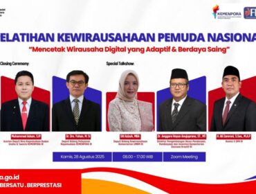 Para narasumber Pelatihan Kewirausahaan Pemuda Nasional 2025 yang digelar Forum Kewirausahaan Pemuda (FKP) bersama Kemenpora RI. Hadir antara lain Deputi Bidang Kewirausahaan Kementerian UMKM RI Siti Azizah, MBA, anggota Komisi X DPR RI H. Ali Zamroni, S.Sos., M.AP, serta pejabat dari Kemenpora RI dan Kemenparekraf.