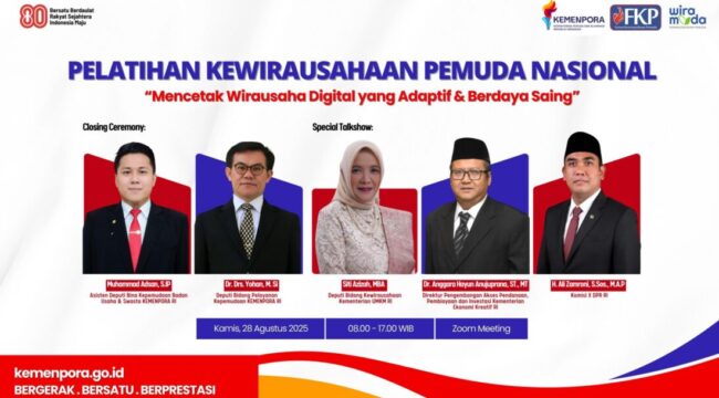 Para narasumber Pelatihan Kewirausahaan Pemuda Nasional 2025 yang digelar Forum Kewirausahaan Pemuda (FKP) bersama Kemenpora RI. Hadir antara lain Deputi Bidang Kewirausahaan Kementerian UMKM RI Siti Azizah, MBA, anggota Komisi X DPR RI H. Ali Zamroni, S.Sos., M.AP, serta pejabat dari Kemenpora RI dan Kemenparekraf.