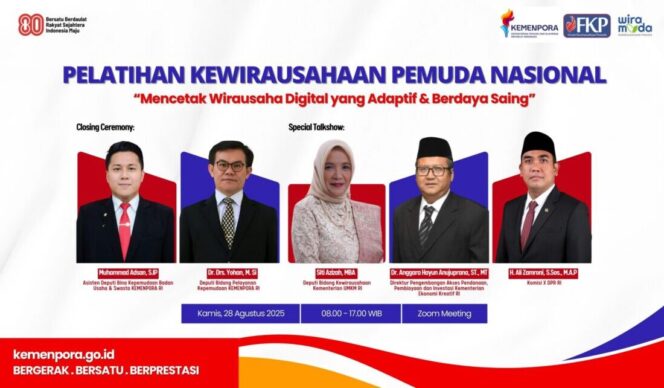 
					Para narasumber Pelatihan Kewirausahaan Pemuda Nasional 2025 yang digelar Forum Kewirausahaan Pemuda (FKP) bersama Kemenpora RI. Hadir antara lain Deputi Bidang Kewirausahaan Kementerian UMKM RI Siti Azizah, MBA, anggota Komisi X DPR RI H. Ali Zamroni, S.Sos., M.AP, serta pejabat dari Kemenpora RI dan Kemenparekraf.