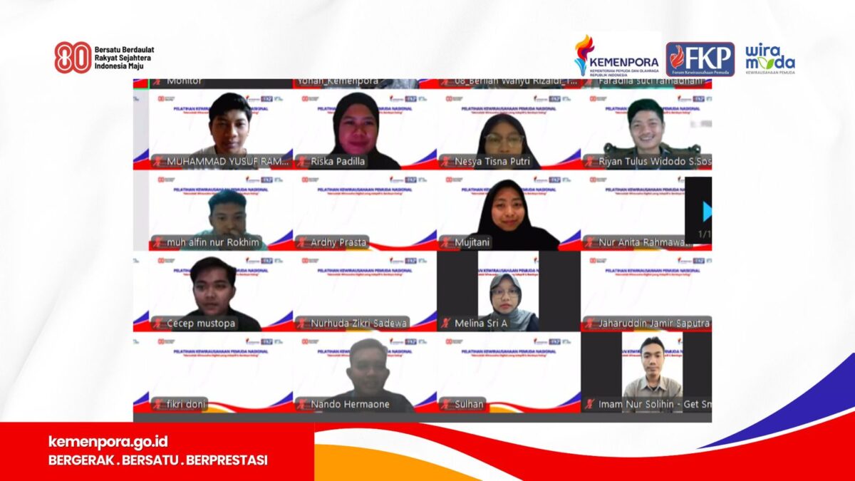 peserta Pelatihan Kewirausahaan Pemuda Nasional 2025 yang digelar Forum Kewirausahaan Pemuda (FKP) berkolaborasi dengan Kemenpora RI secara daring pada 20–28 Agustus 2025.