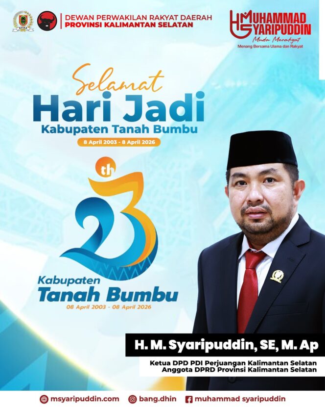 
					Anggota  DPRD Provinsi Kalimantan Selatan Muhammad Syarifuddin Beri Ucapan Selamat HUT Tanah Bumbu ke-23.