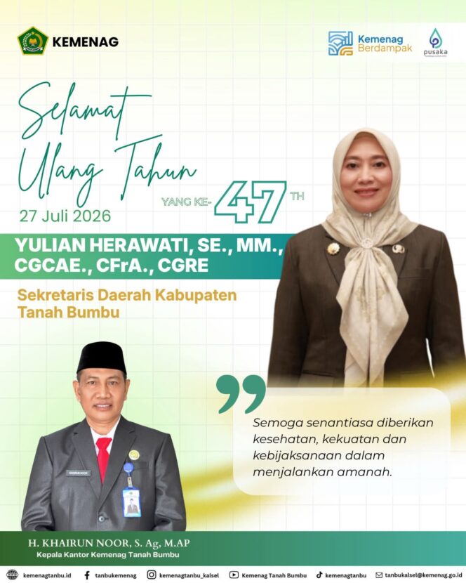 
					Keluarga Besar Kemenag Tanah Bumbu Berikan Ucapan Selamat Milad ke-47 untuk Sekda Yulian Herawati