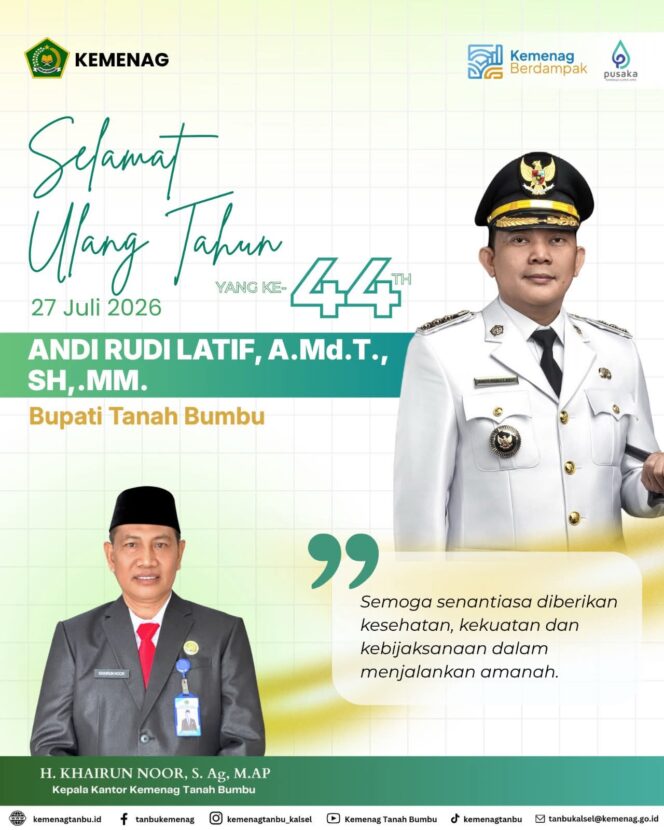 
					Keluarga Besar Kemenag  Kabupaten Tanah Bumbu Berikan Ucapan  “Selamat Ulang Tahun yang ke-44 Bupati Tanah Bumbu Andi Rudi Latif, A.Md.T., S.H., M.M
